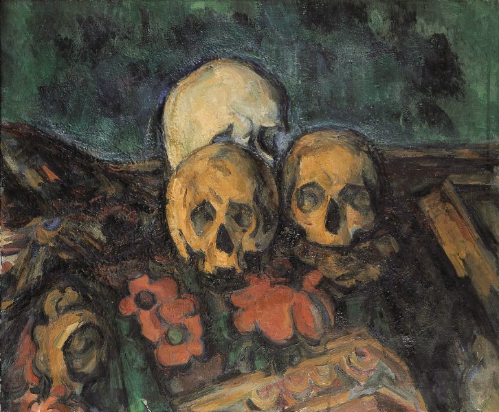 Cézanne's painting of three skulls resting on a richly patterned carpet, with red flowers in its design, against a green background