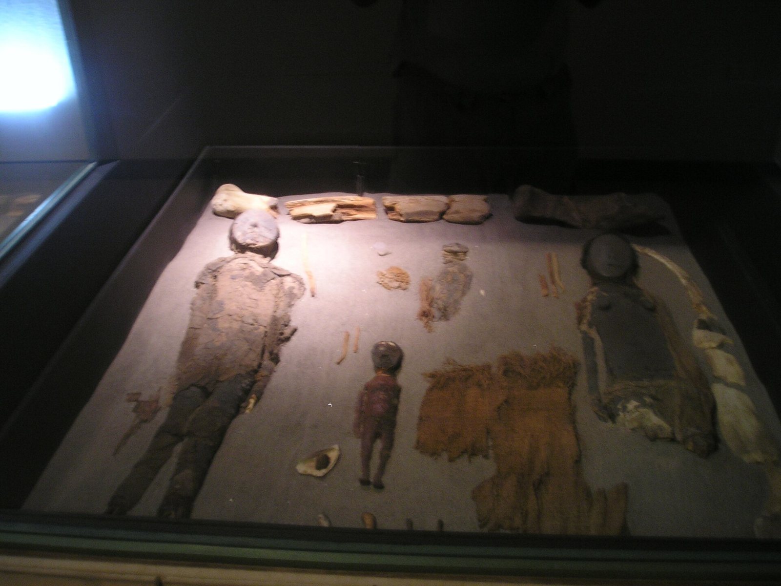 A glass case in a dim gallery holding Chinchorro mummies laid flat: an adult with a dark mask-like face at left, a small child and fragments of cloth in the middle, and another figure at right
