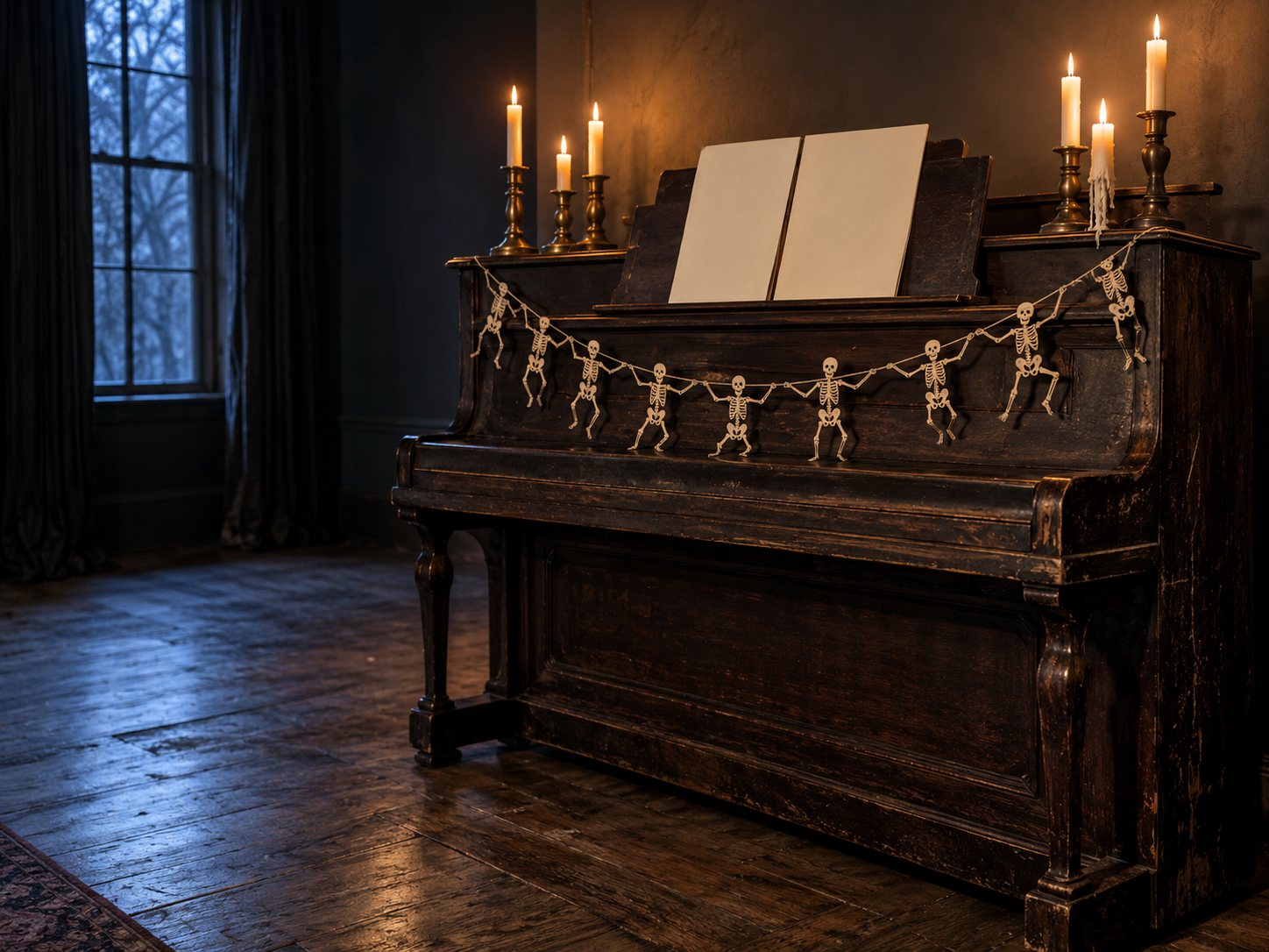 Illustration: Old upright piano in a dim room with lit candles on top, a blank sheet-music stand and a bone-colored paper garland