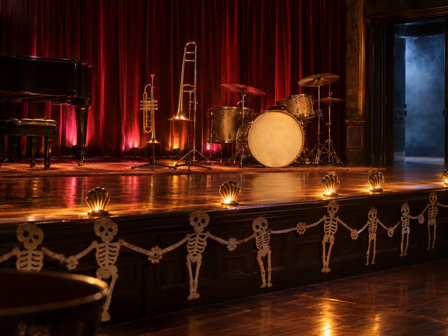 Illustration: Empty jazz-age club stage with amber and magenta footlights, velvet curtain, drum kit, brass instruments and papier-mache garlands