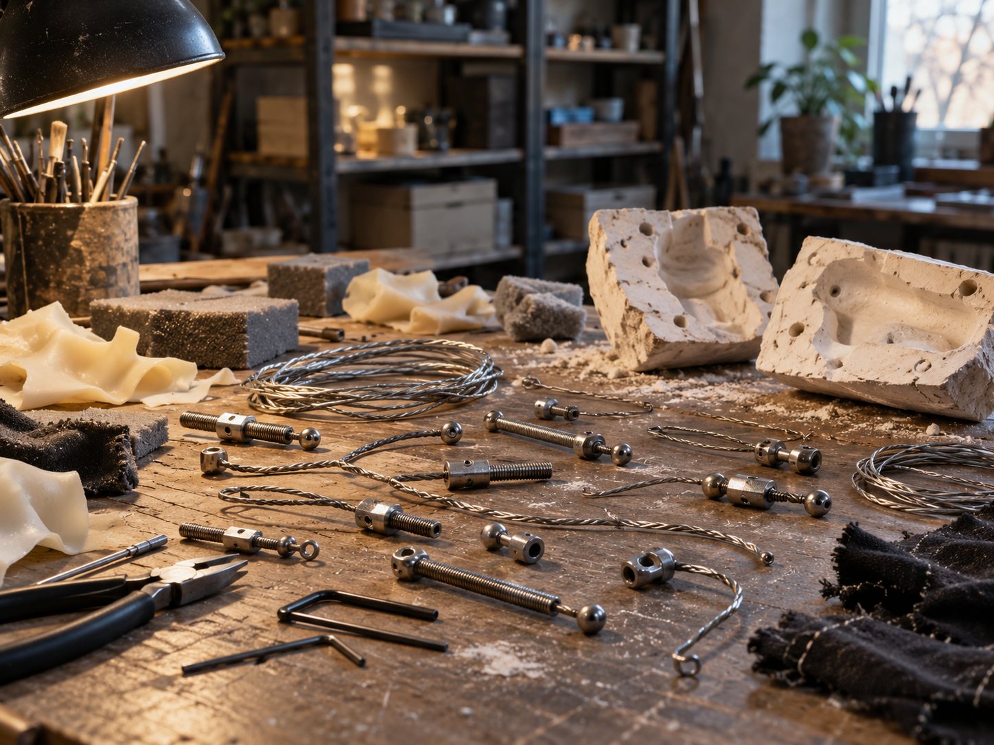 Illustration: Stop-motion workshop bench with bare wire armatures, silicone and foam offcuts, plaster molds, fabric scraps, hex keys and pliers