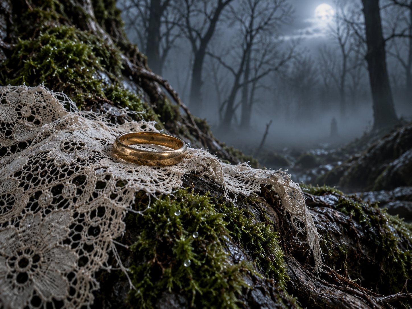 Illustration: Plain antique gold ring on old ivory lace over a mossy gnarled root with a moonlit forest of bare trees in fog behind