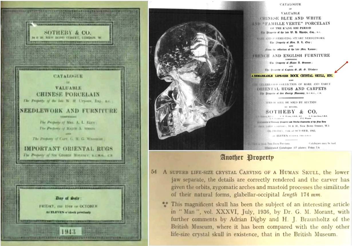 Composite of pages from the 1943 Sotheby's sale catalogue: the cover, a photograph of a crystal skull in profile beside the title page, and the printed entry for lot 54