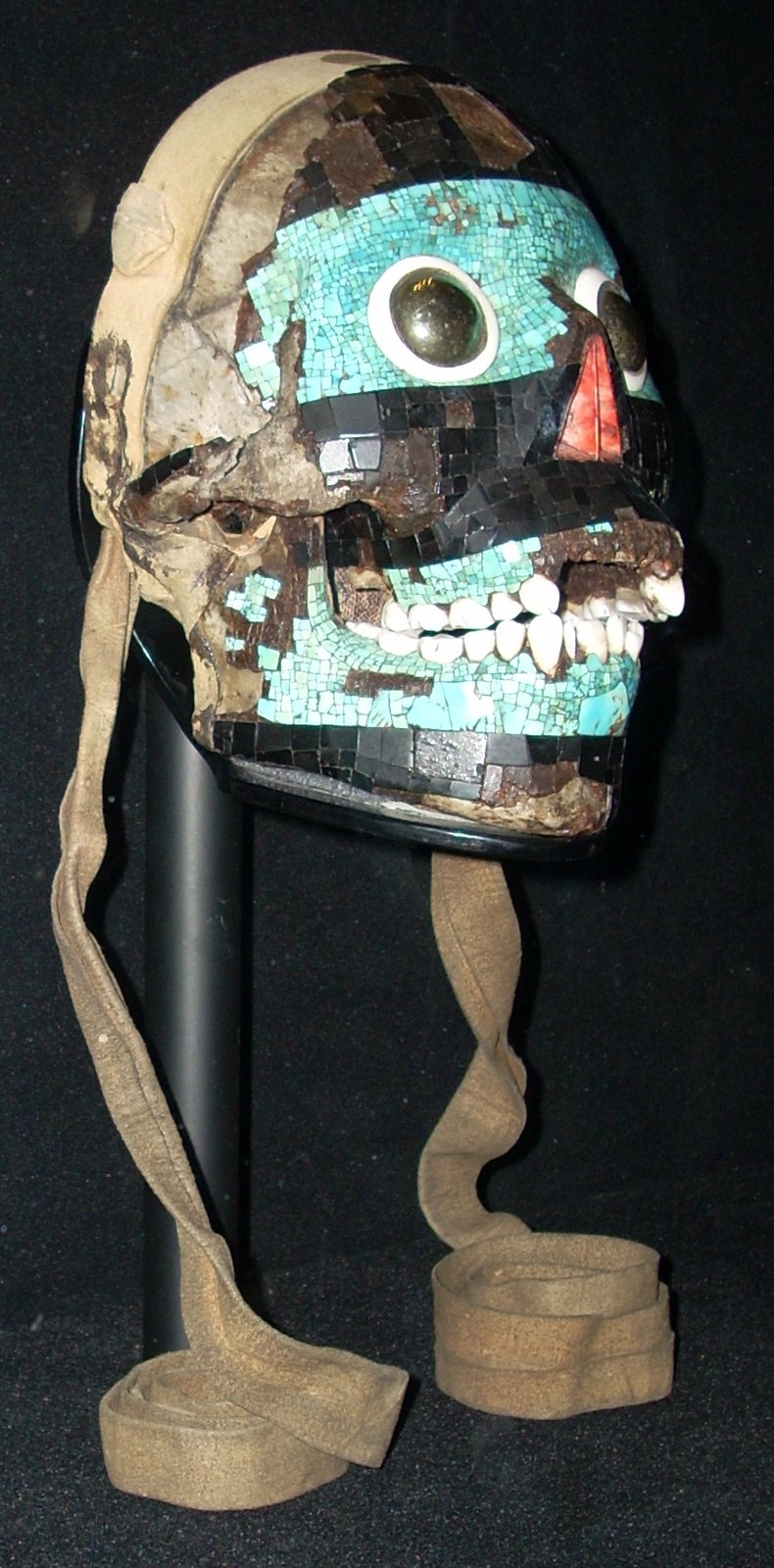 A human skull covered in turquoise and black mosaic with round shell and pyrite eyes and a red nose, tied with leather straps, on a black stand
