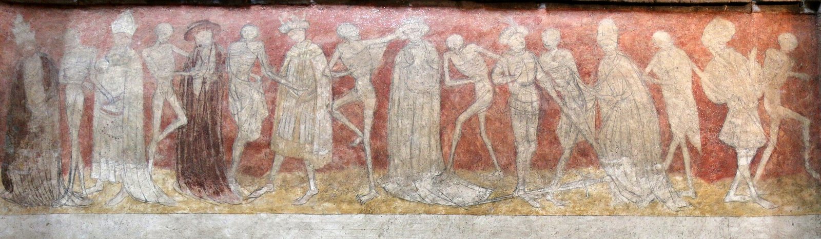 Faded mural of thin, pale figures in a row against a red ground, alternating living people in robes, mitres and crowns with gaunt corpses