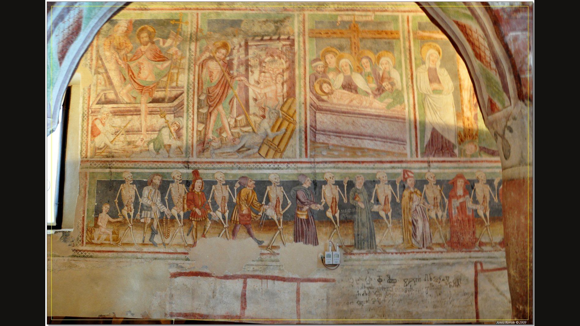 Fresco in the Church of the Holy Trinity at Hrastovlje: a row of skeletons leads figures of every rank by the hand, below painted scenes of the Resurrection and the Lamentation