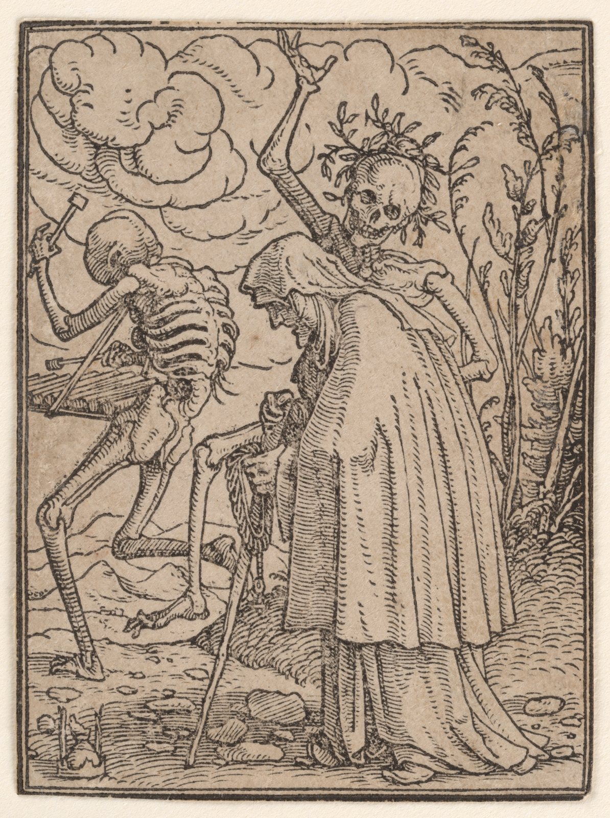Woodcut of a bent old woman leaning on a stick, with two skeletons beside her, one carrying a mallet and a row of bars, the other wearing a wreath and raising an arm