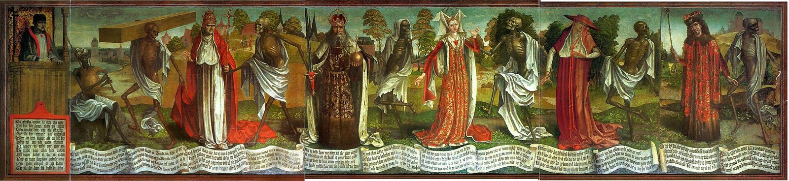 Long painted frieze of skeletal figures dancing with a pope, an emperor, an empress, a cardinal and a king, with a preacher in a pulpit at the far left and scrolls of verse below