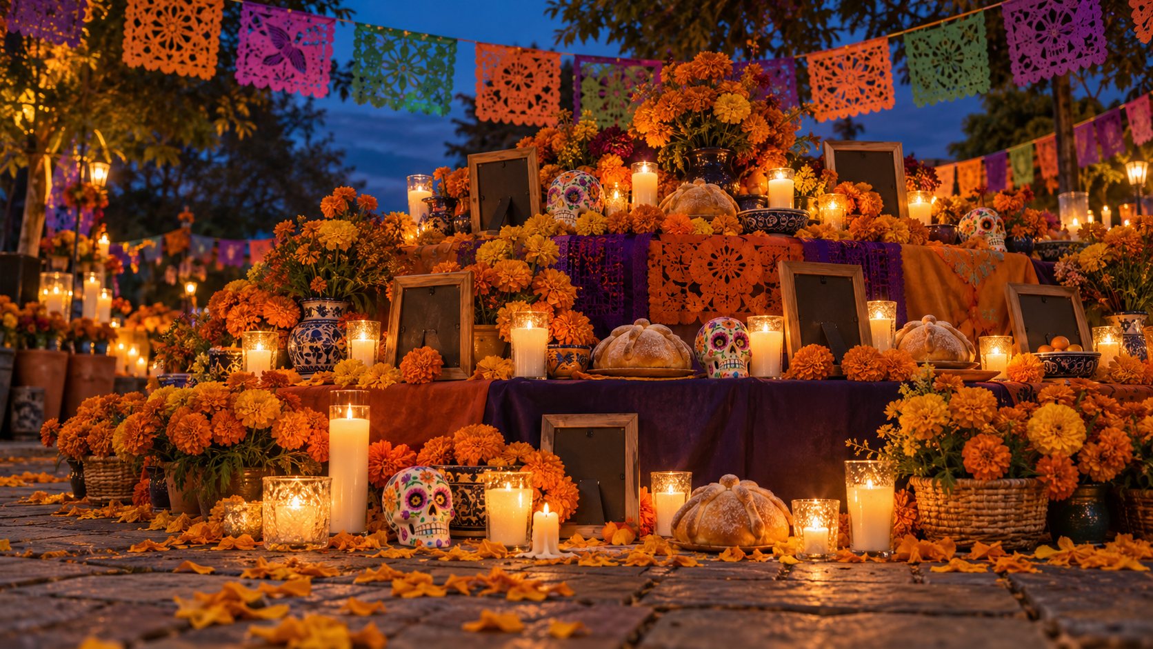 Illustration: Large tiered community ofrenda in a public plaza at dusk covered with orange marigolds, lit candles, pan de muerto and sugar skulls under strings of colorful papel picado