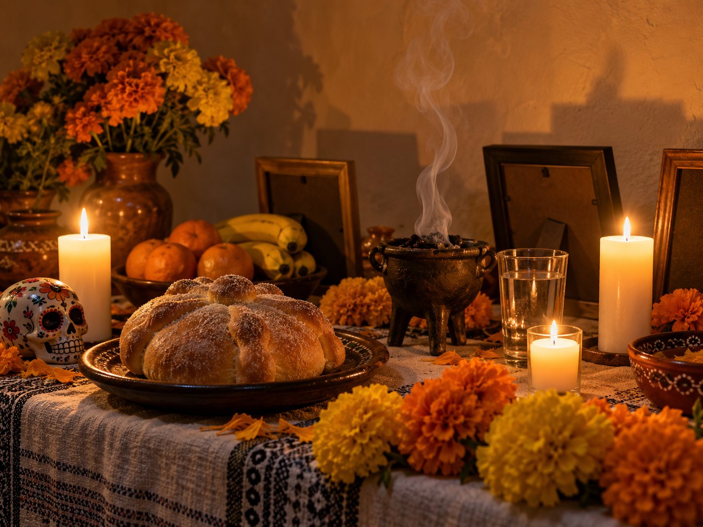 Illustration: Family home altar with marigolds, lit candles, a clay censer of burning copal, pan de muerto, fruit, a glass of water and framed photographs turned away in candlelight