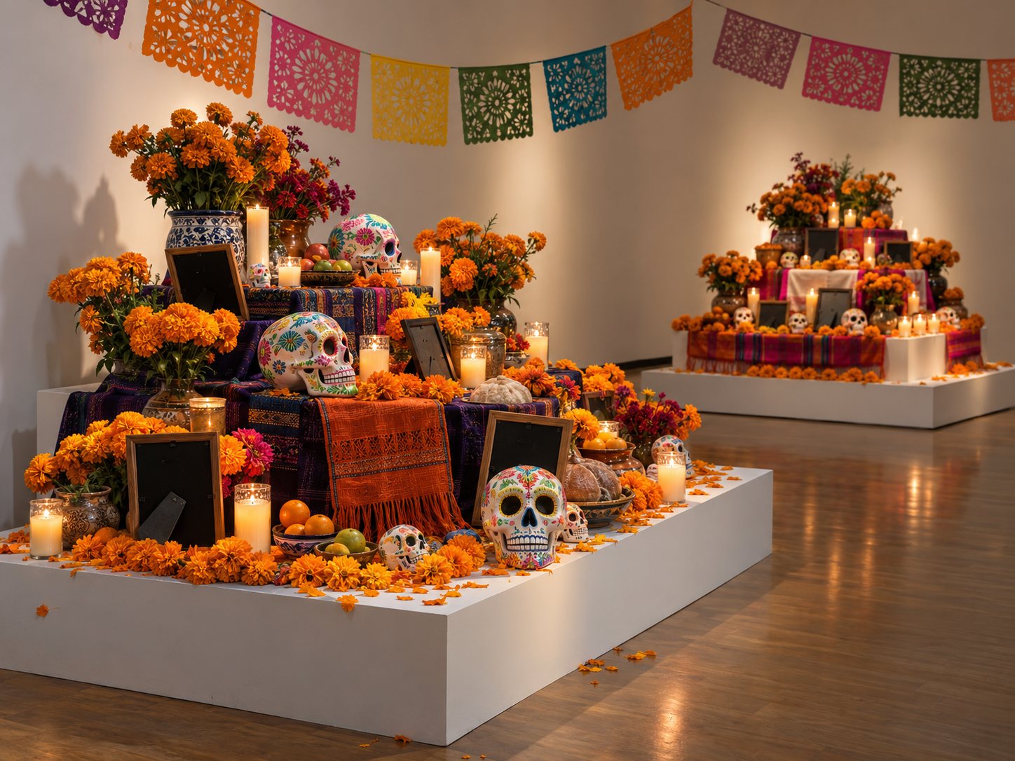 Illustration: Quiet museum gallery displaying two community ofrendas on low platforms with marigolds, candles, sugar skulls, papel picado and photographs turned away under soft lighting