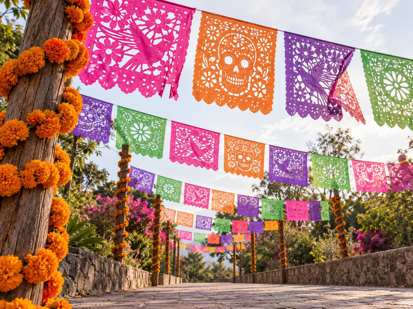 Illustration: Rows of pink, orange, purple and green papel picado banners strung across an empty festival walkway with marigold garlands wrapped around the posts