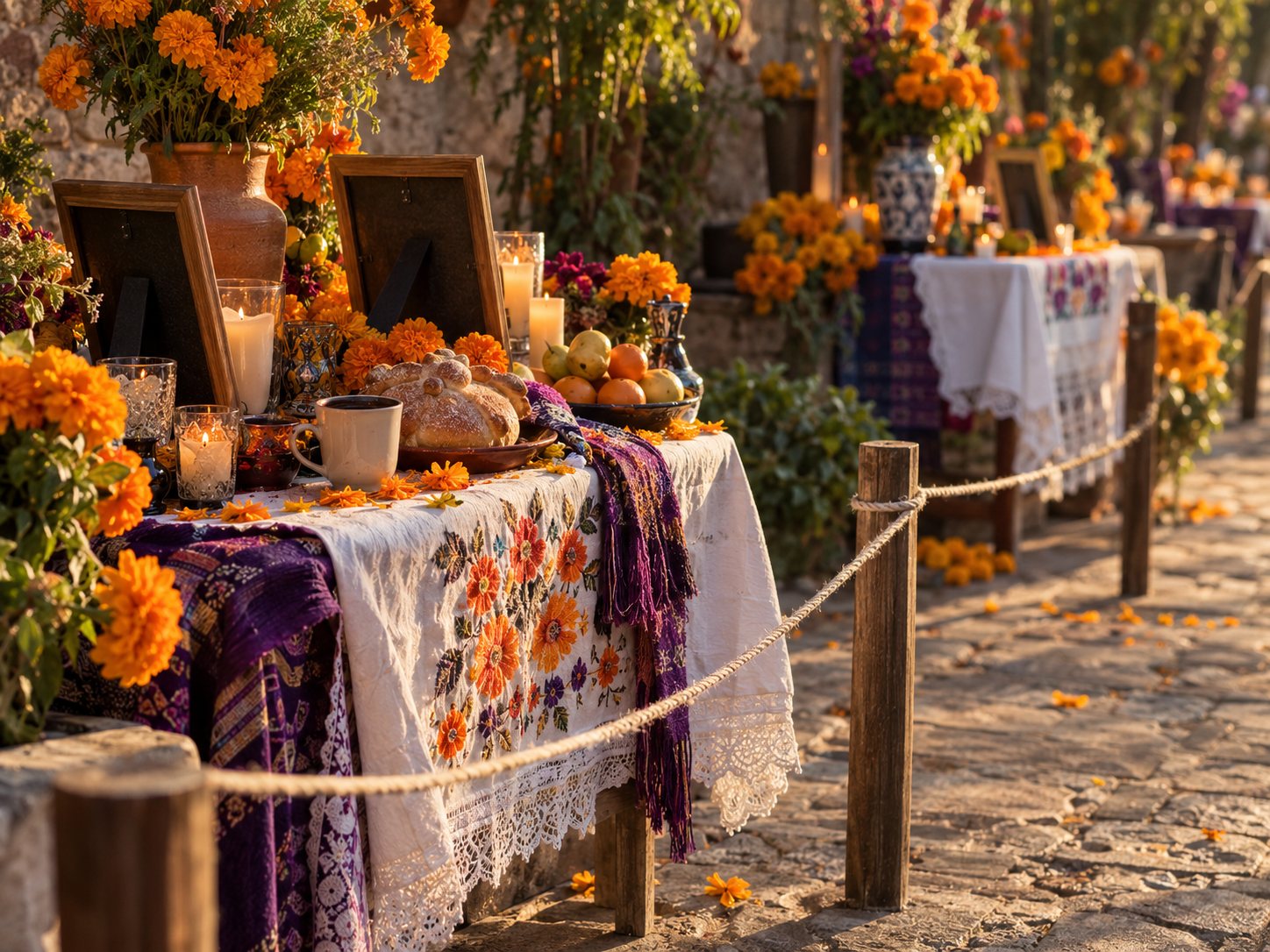 Illustration: Row of small community ofrendas on cloth covered tables along a festival walkway with candles, marigolds, food offerings and keepsakes behind a low rope barrier