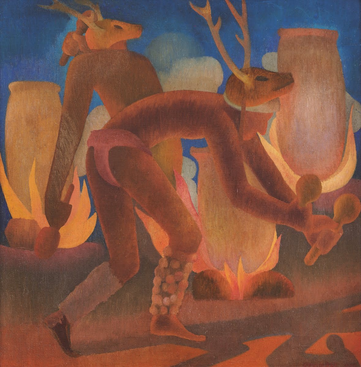 Painting of a dancer in a deer headdress with antlers, stepping before a fire with a maraca in each hand, in warm reds and oranges