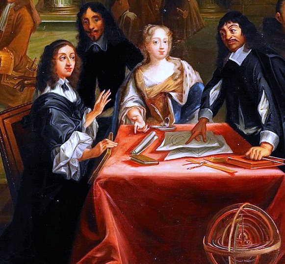 Detail of a painting showing Queen Christina of Sweden seated at a table with Descartes standing at her right, both leaning over a map beside a celestial globe