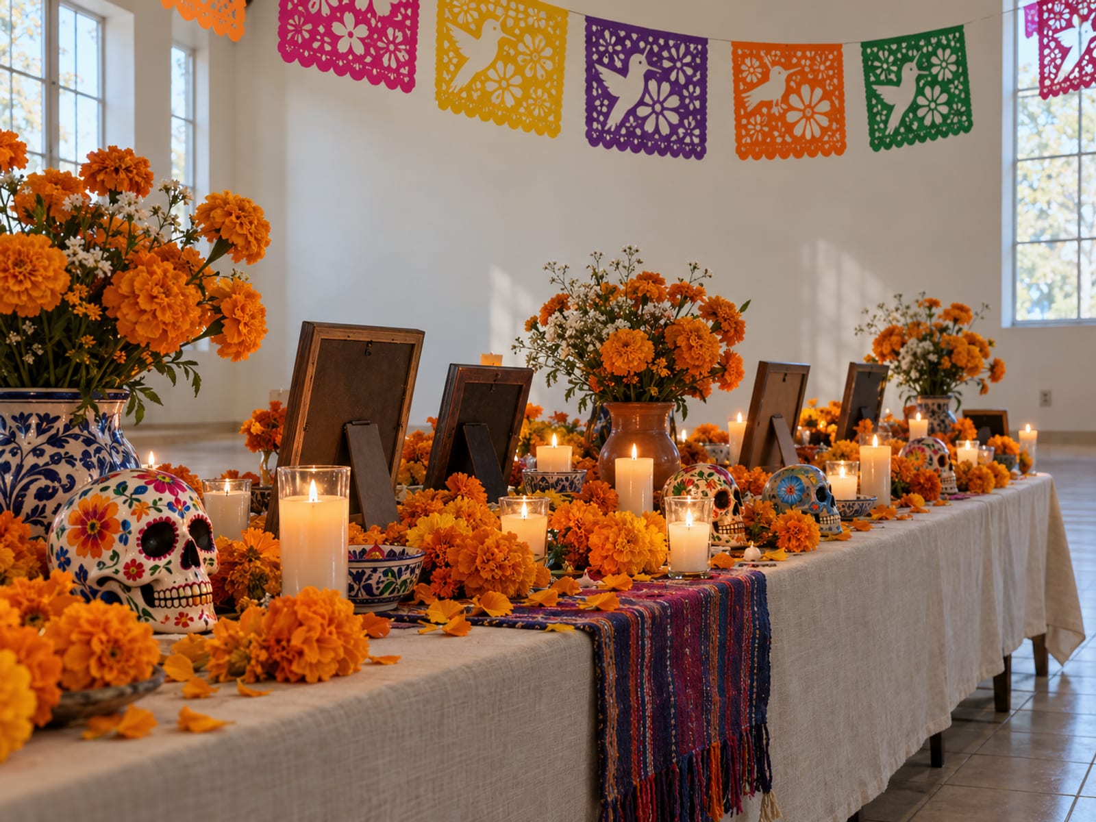 Illustration: Wide table altar in a community center with marigolds, candles, sugar skulls, framed pictures turned away and strings of colorful papel picado overhead