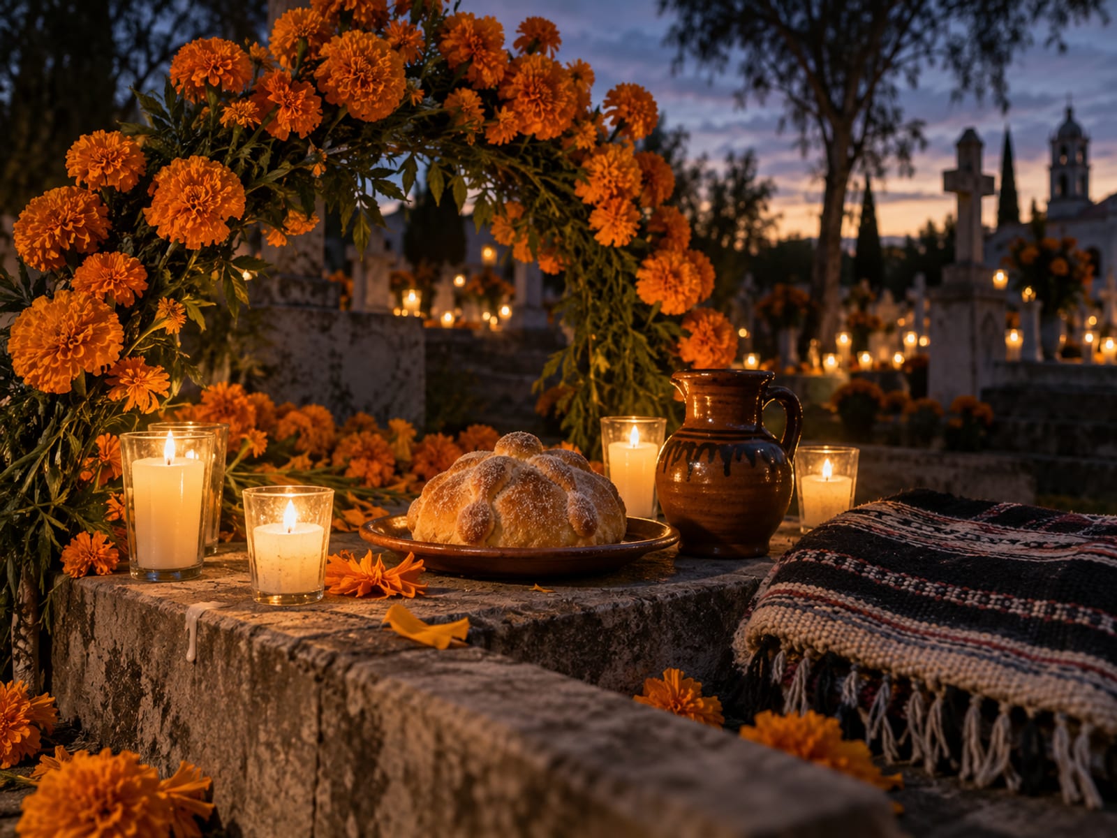 Illustration: Single grave decorated with a marigold arch, candles in glass holders, a plate of pan de muerto, a clay jug and a folded blanket beside it