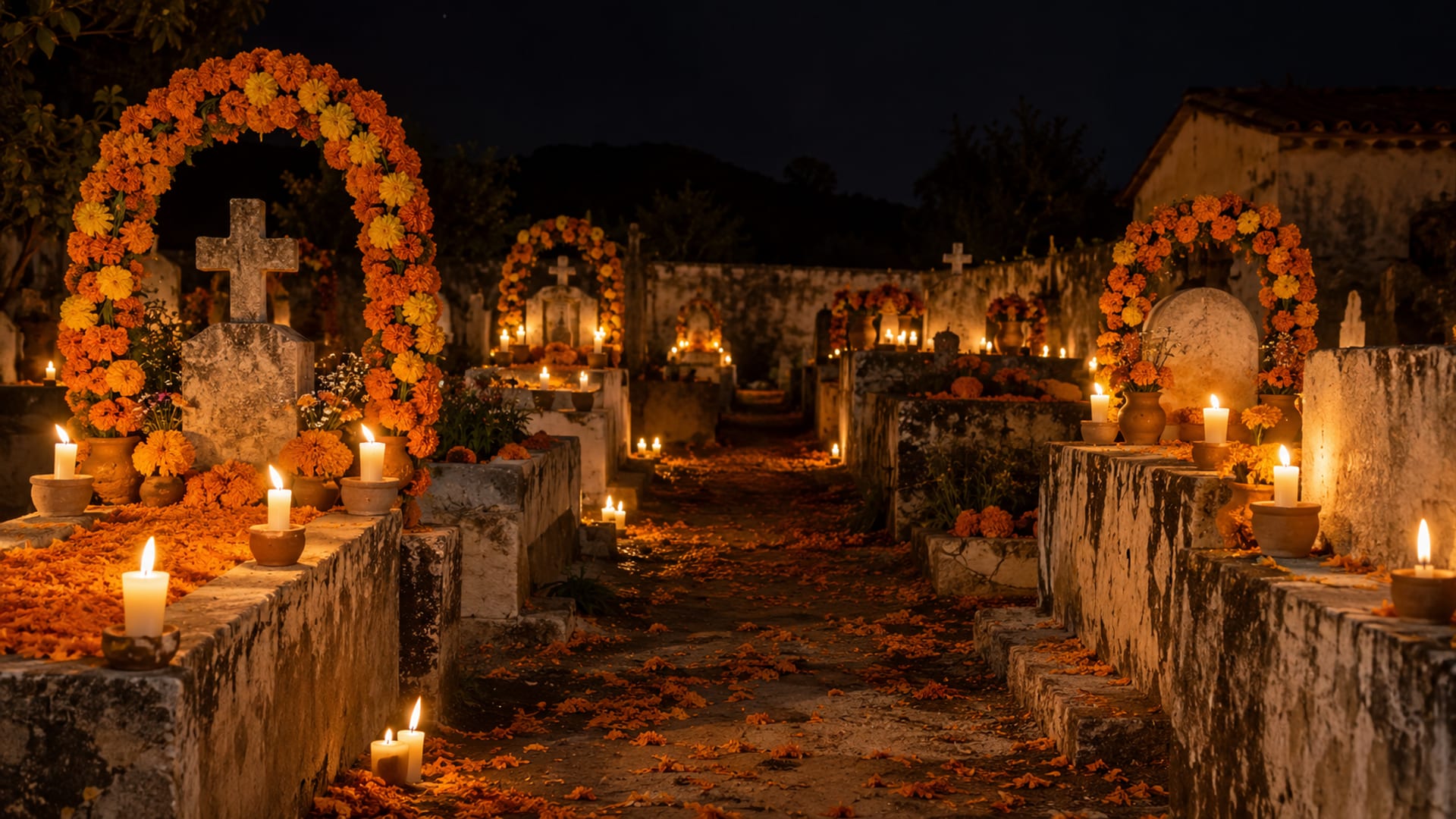 Illustration: Small village cemetery at night with graves framed by orange marigold arches, rows of lit candles and a path of marigold petals between the graves