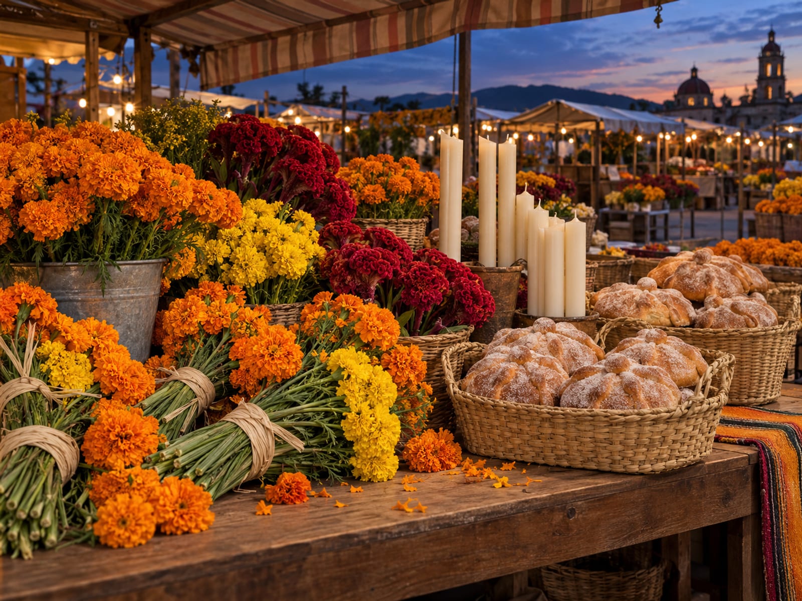 Illustration: Market stall at dusk piled with bundles of orange and yellow marigolds, cockscomb flowers, white candles and round loaves of pan de muerto