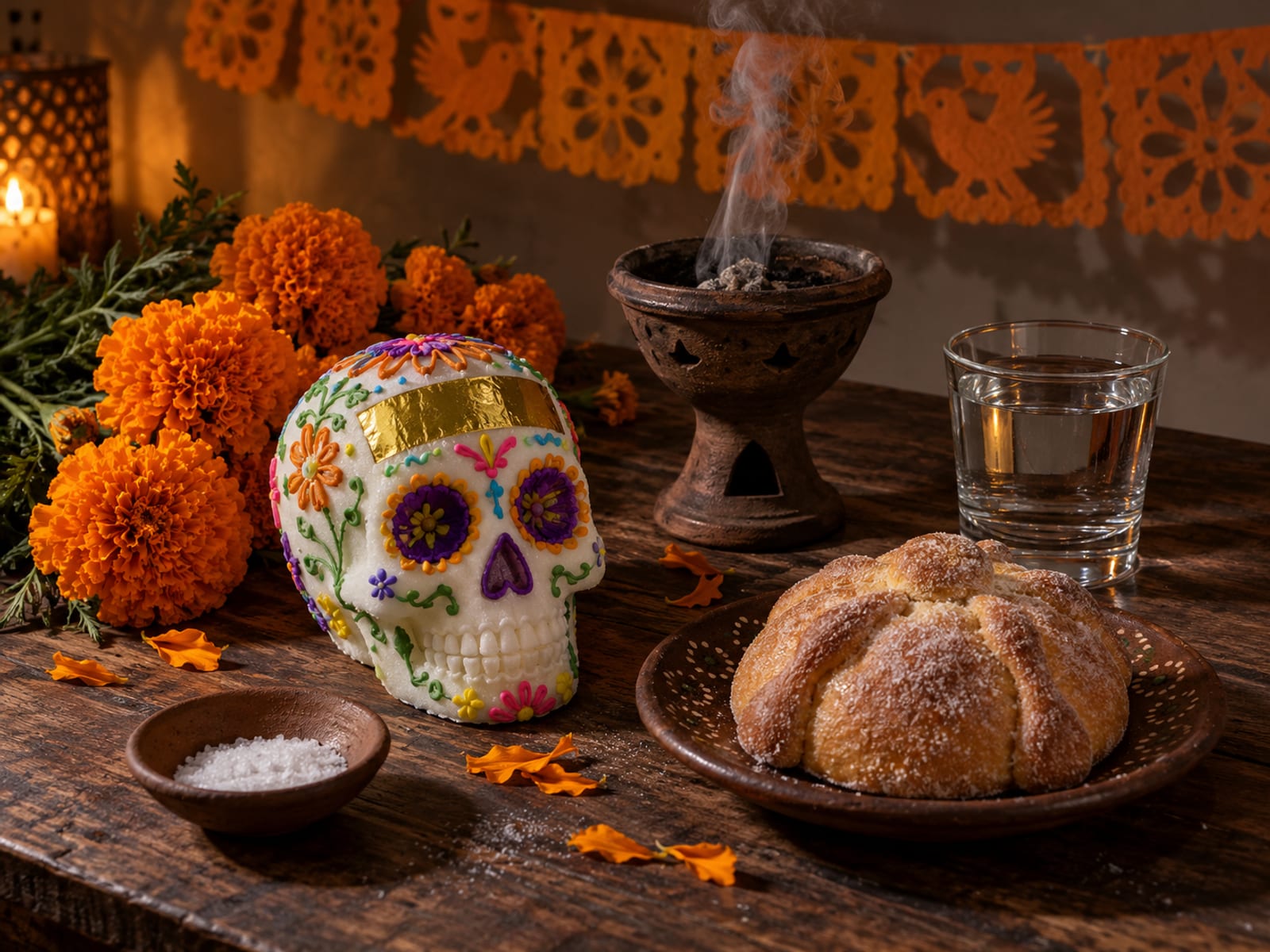 Illustration: Still life on a dark wooden table with a decorated sugar skull, pan de muerto, marigolds, a clay censer with copal smoke, a glass of water, a dish of salt and a strip of papel picado