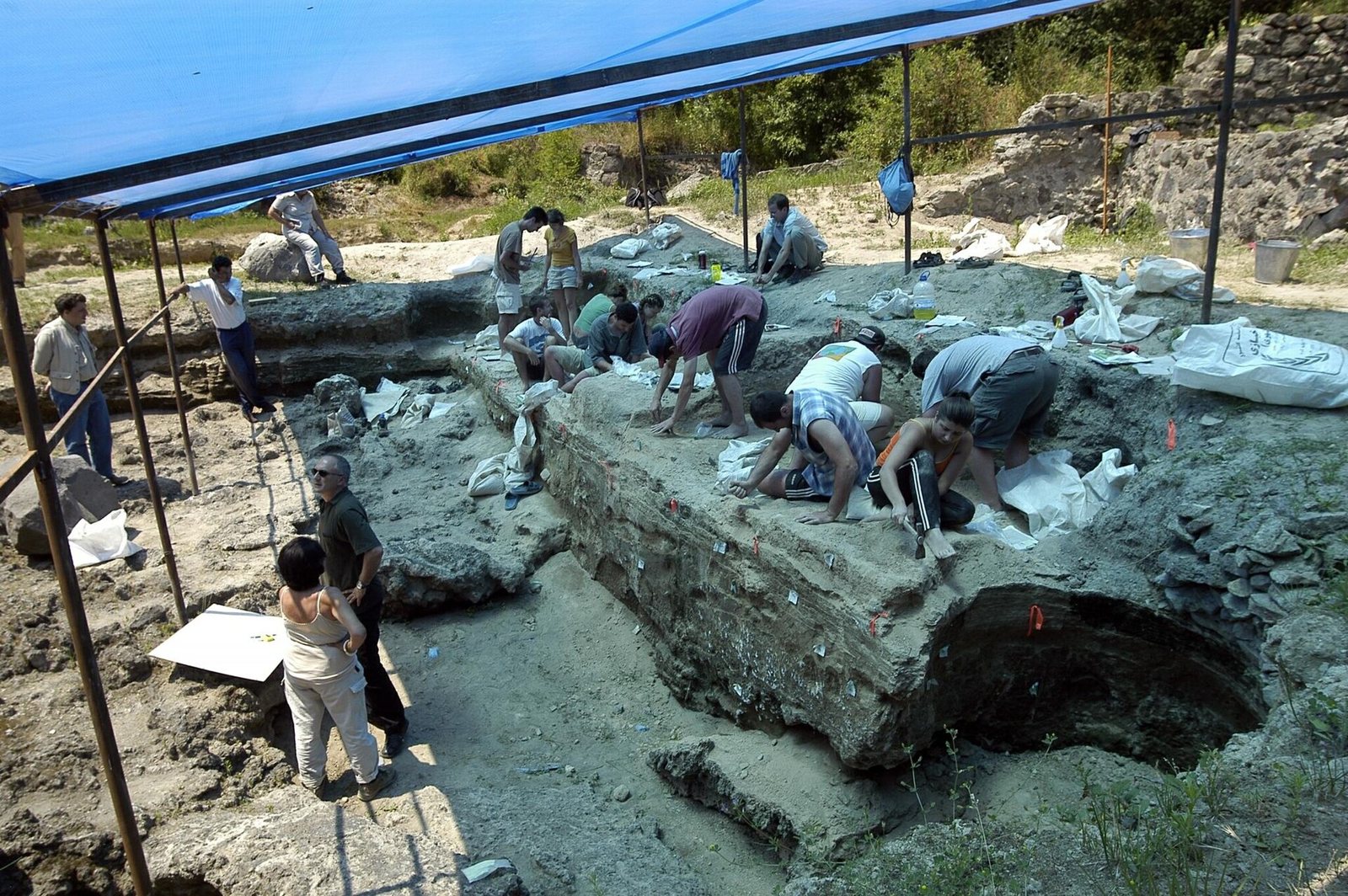 Excavators bent over a long trench of dark soil at the Dmanisi dig under a blue tarp roof, with a few people standing at the edge and old stone walls behind