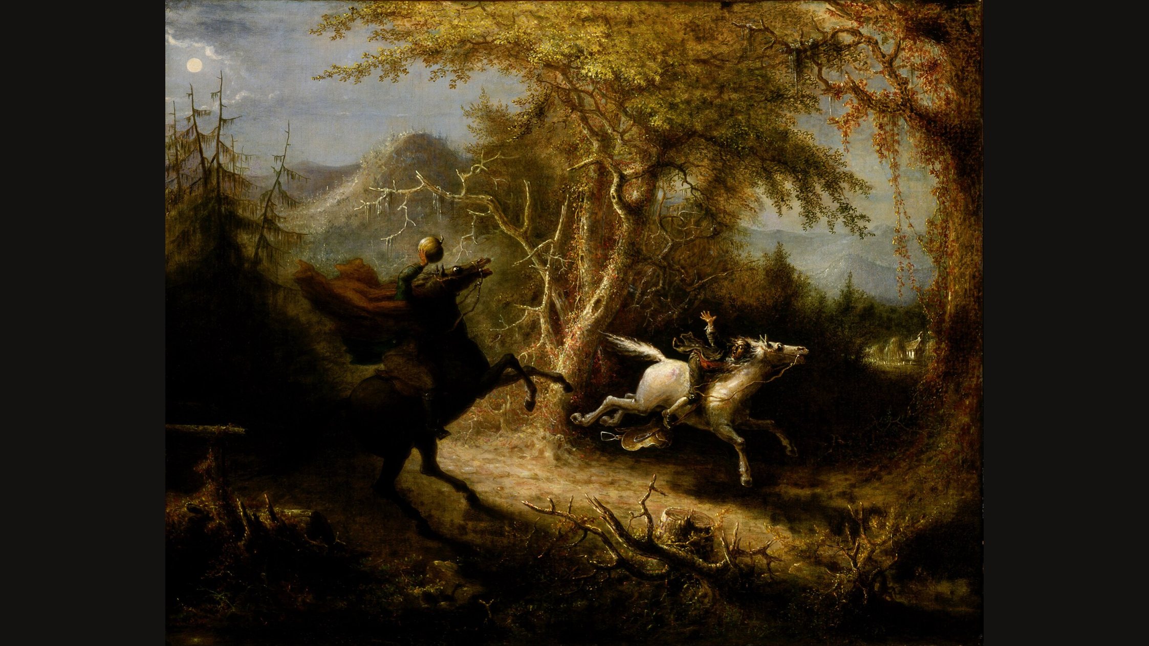 John Quidor's painting of the Headless Horseman: a dark-cloaked rider with no head gallops through an autumn wood after a man on a pale horse, with moonlit hills behind