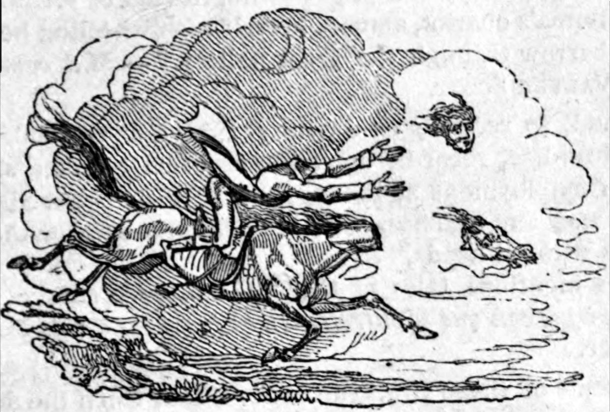 Black-and-white engraving of the Dullahan: a headless rider leaning forward on a galloping horse amid swirling cloud, his own head and a horse's head floating beside him