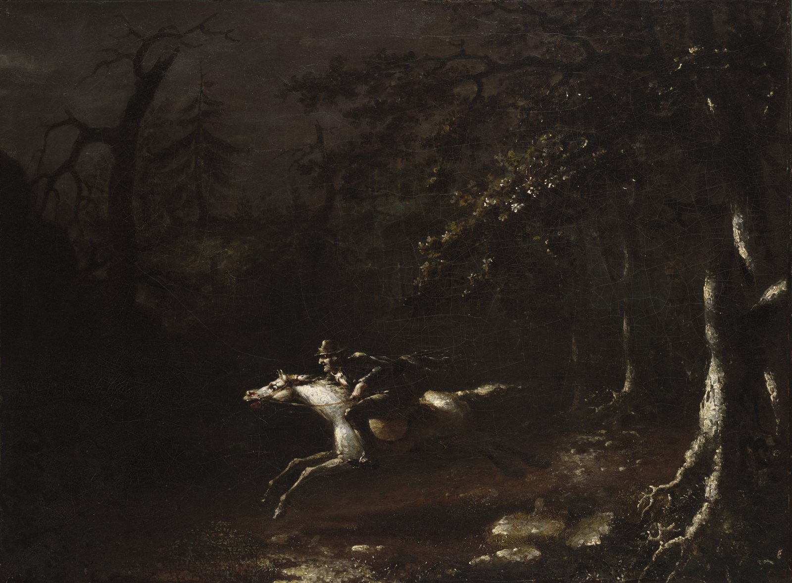 A pale horse and rider gallop at full stretch through a dark, gnarled forest, in John Quidor's painting of Ichabod Crane fleeing
