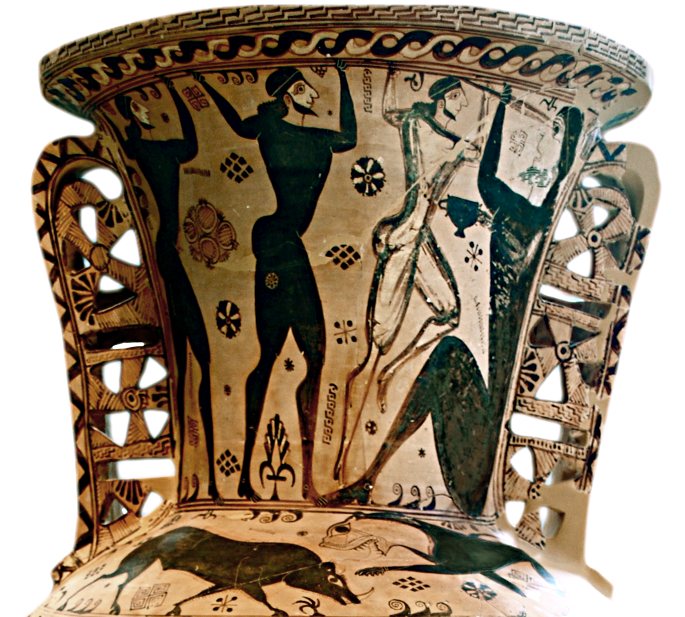 Painted detail of an ancient Greek vase showing Odysseus and his men with a long stake at the one-eyed giant, in dark figures on a pale ground