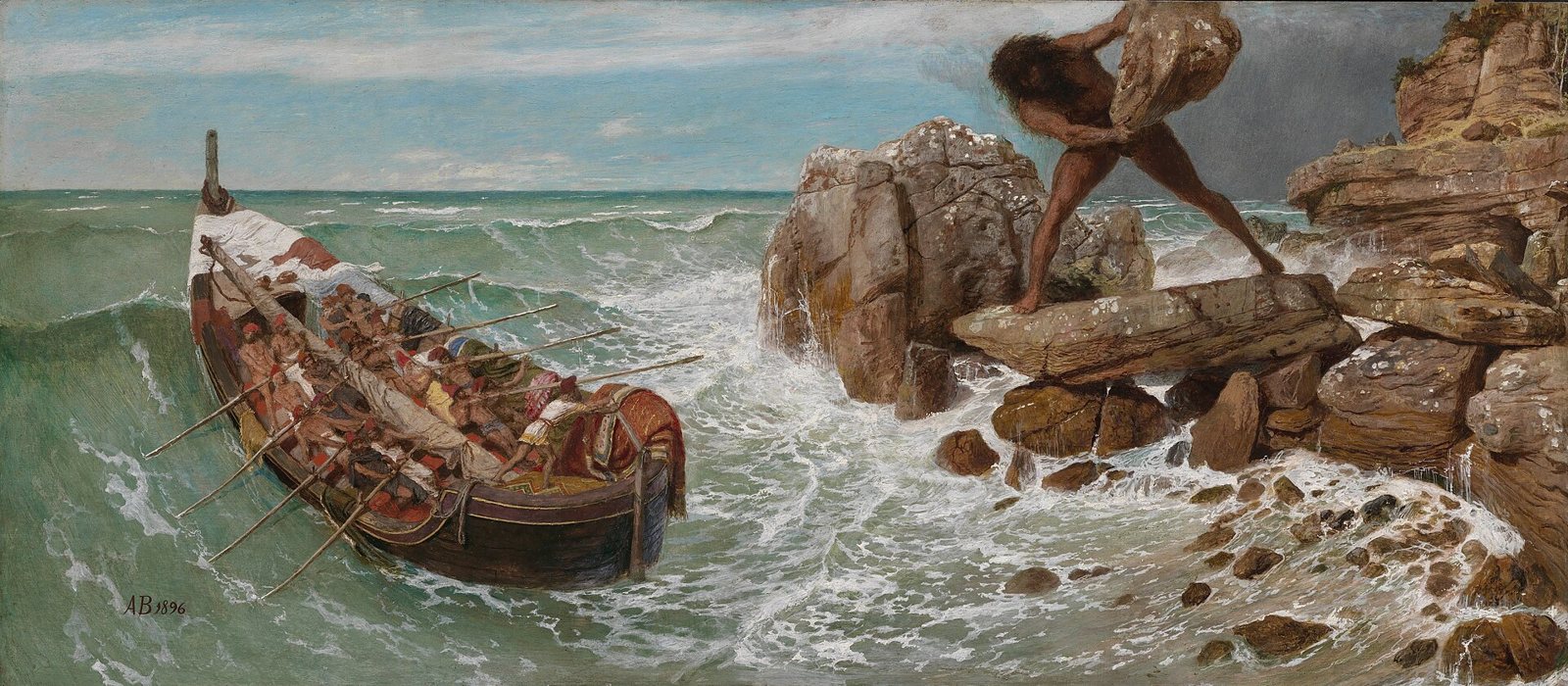 Painting of a one-eyed giant hurling a boulder from a rocky shore at a small boat of rowing men tossed on green waves