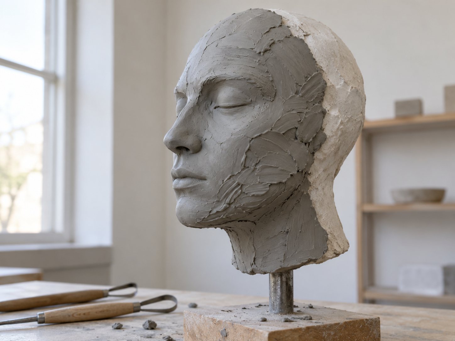 Illustration: Half-finished neutral grey clay face built over a plaster cast on a modeling stand with wooden sculpting tools resting beside it