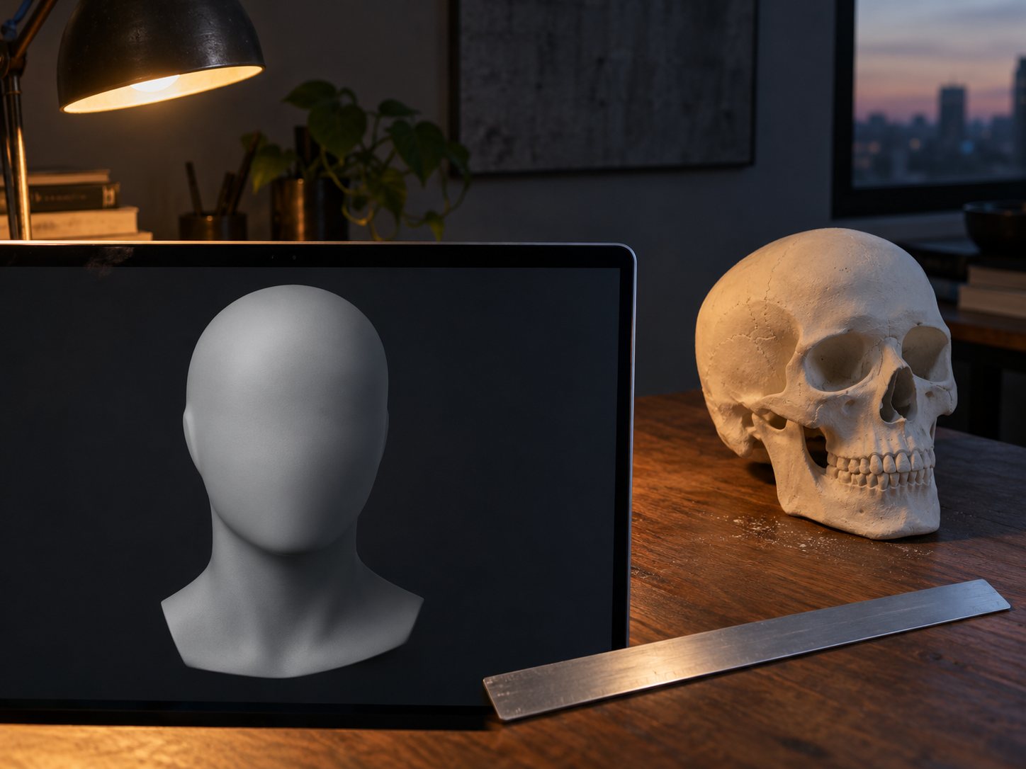 Illustration: Laptop on a desk showing a smooth grey 3D head mesh beside a plaster skull cast and a ruler under a desk lamp