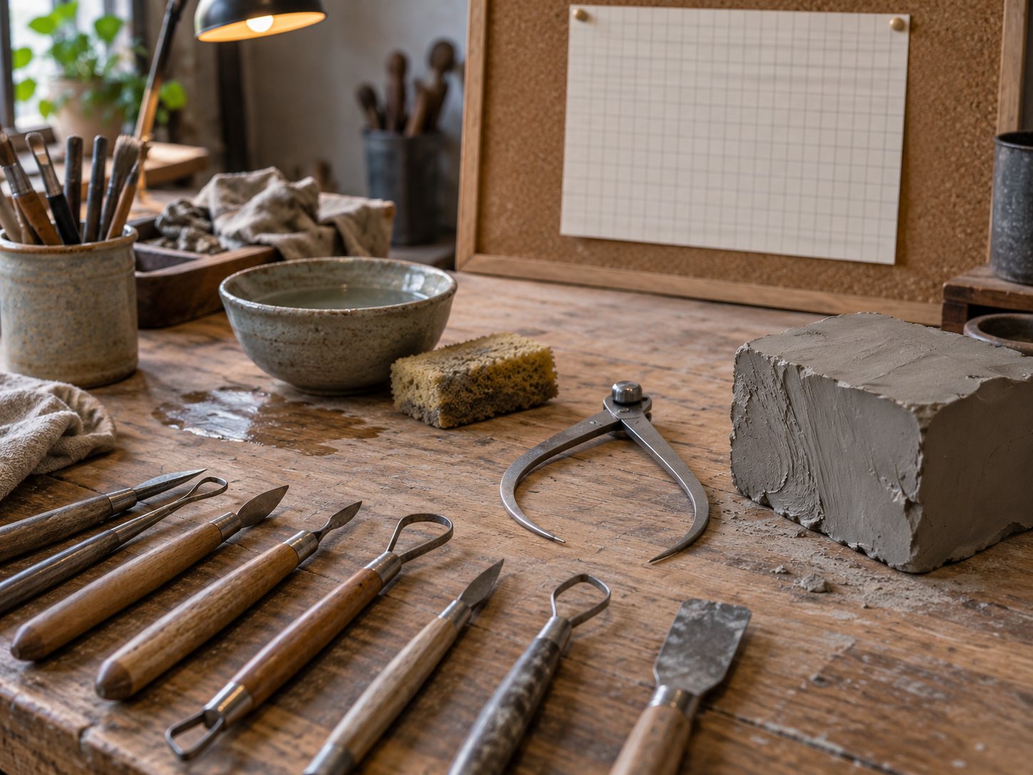 Illustration: Studio bench with wooden and wire sculpting tools, calipers, a block of grey clay, a bowl of water, a sponge and a blank chart pinned to a board