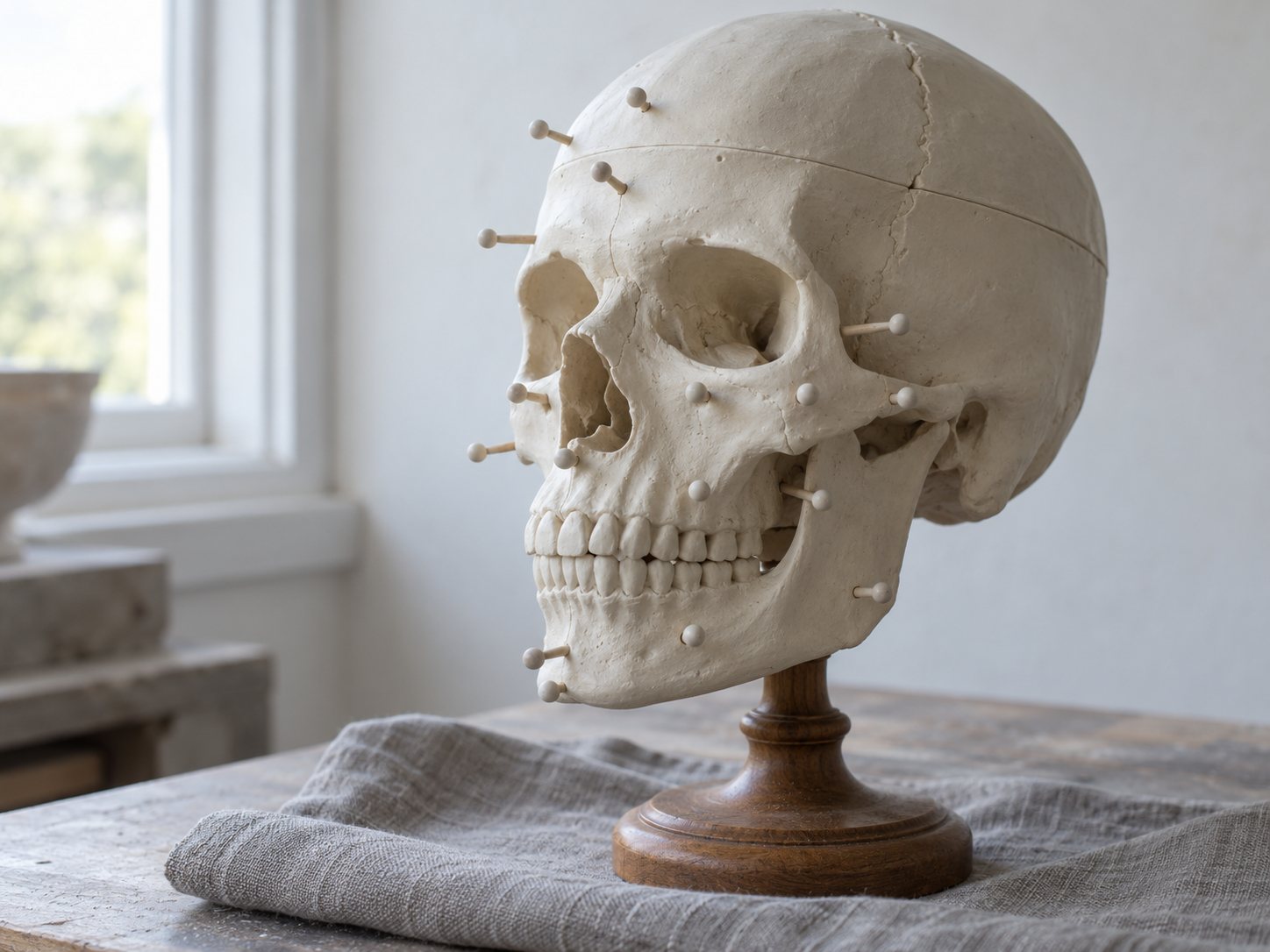 Illustration: Pale plaster skull cast on a small stand with tiny pegs of different lengths fixed on the cheek, forehead and chin over a soft cloth