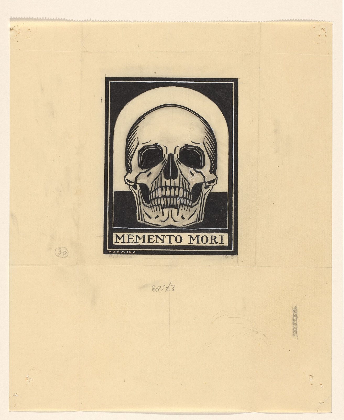Black and white drawing of a front-facing skull in an arched frame above the words MEMENTO MORI, signed A.J.D.G. 1916