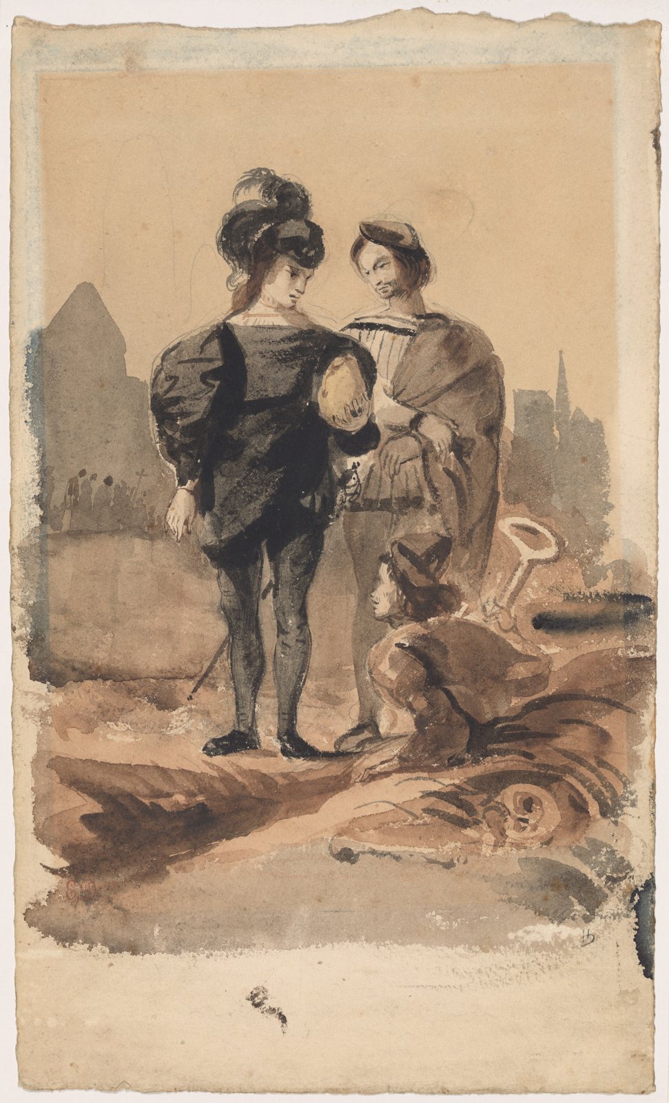 Brush and wash drawing of Hamlet in dark clothes holding a skull, standing beside Horatio, with a gravedigger crouched at a grave in the foreground and a church behind
