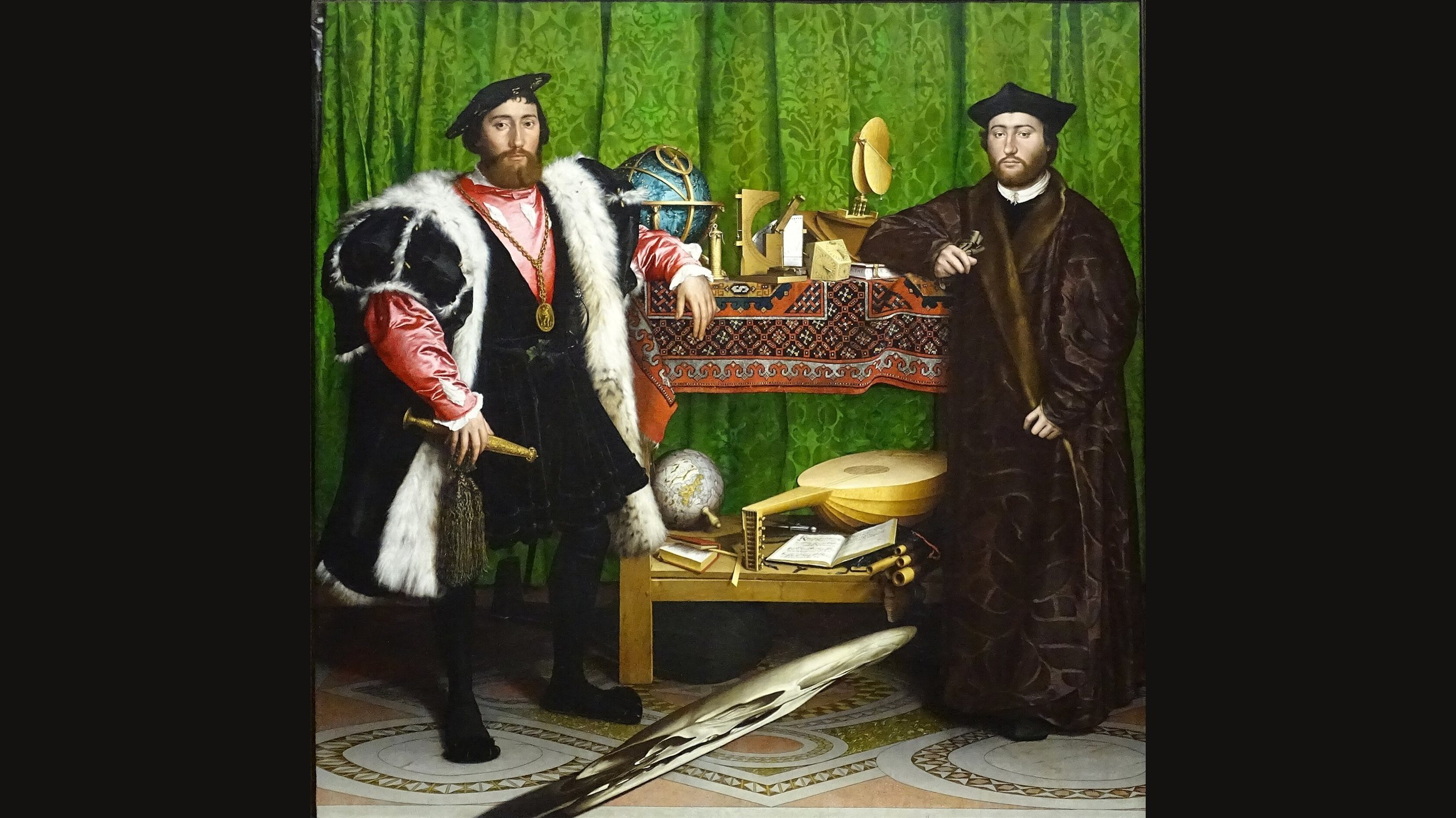 Holbein's The Ambassadors: two richly dressed men stand either side of a shelved table of globes, instruments and a lute, with a stretched, distorted skull across the floor in front of them