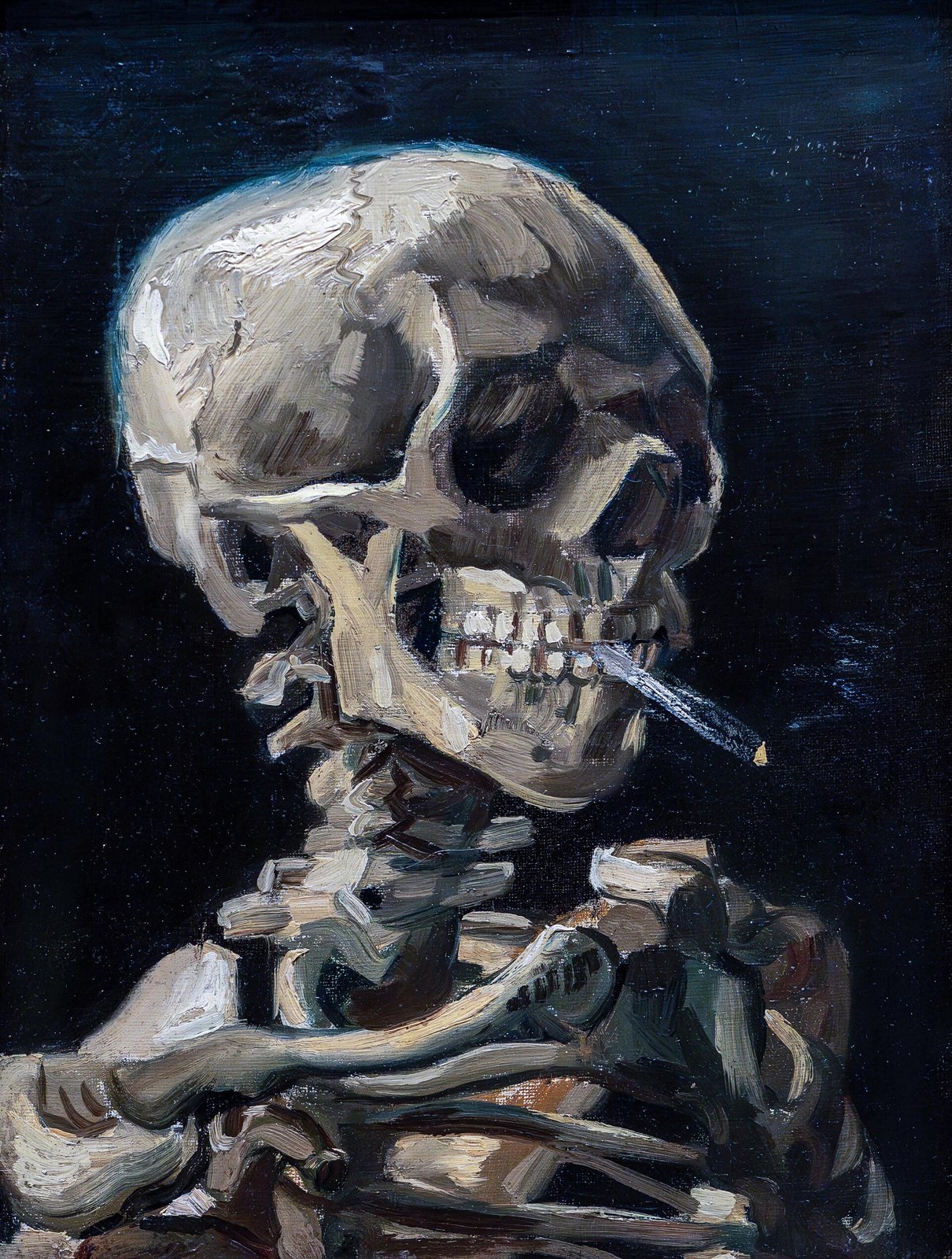 Van Gogh's painting of a skeleton's head and shoulders against a dark blue ground, with a lit cigarette between its teeth