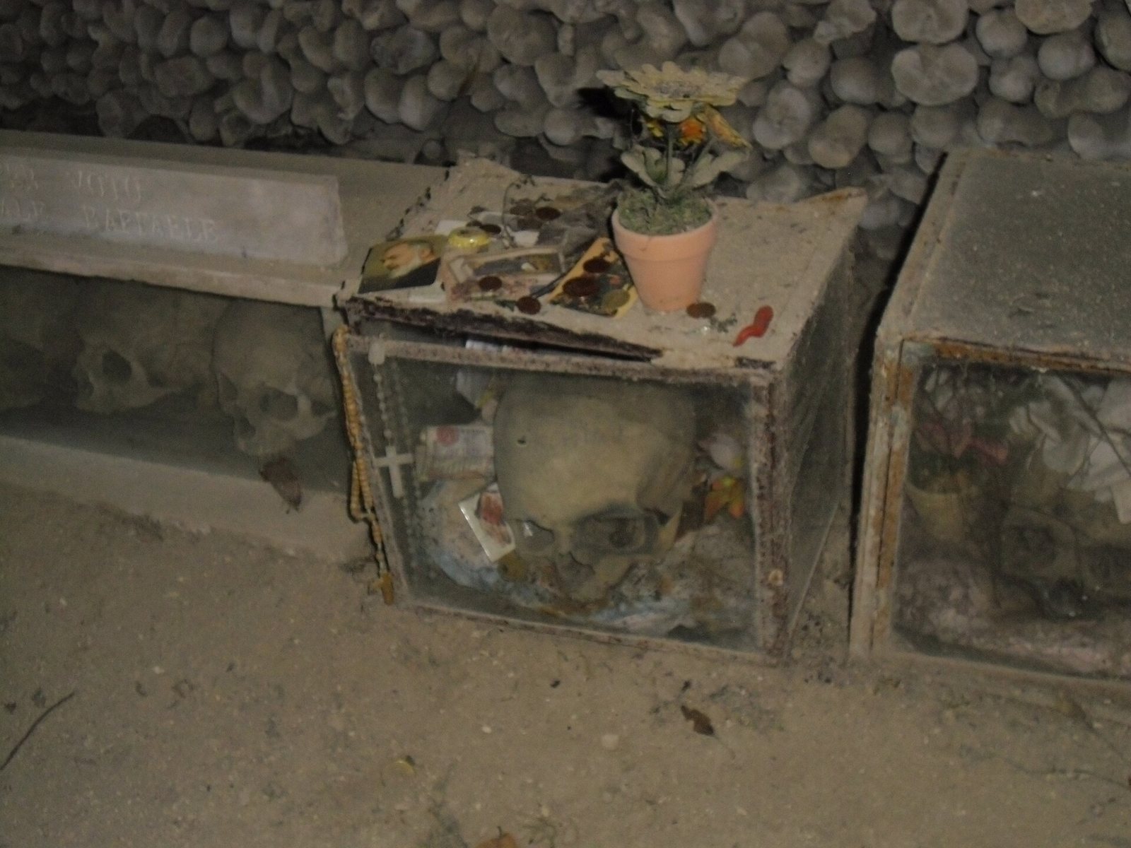 A skull behind glass in a small box on the floor of the Fontanelle cemetery, with a rosary around the frame and a pot of flowers and small keepsakes on the lid