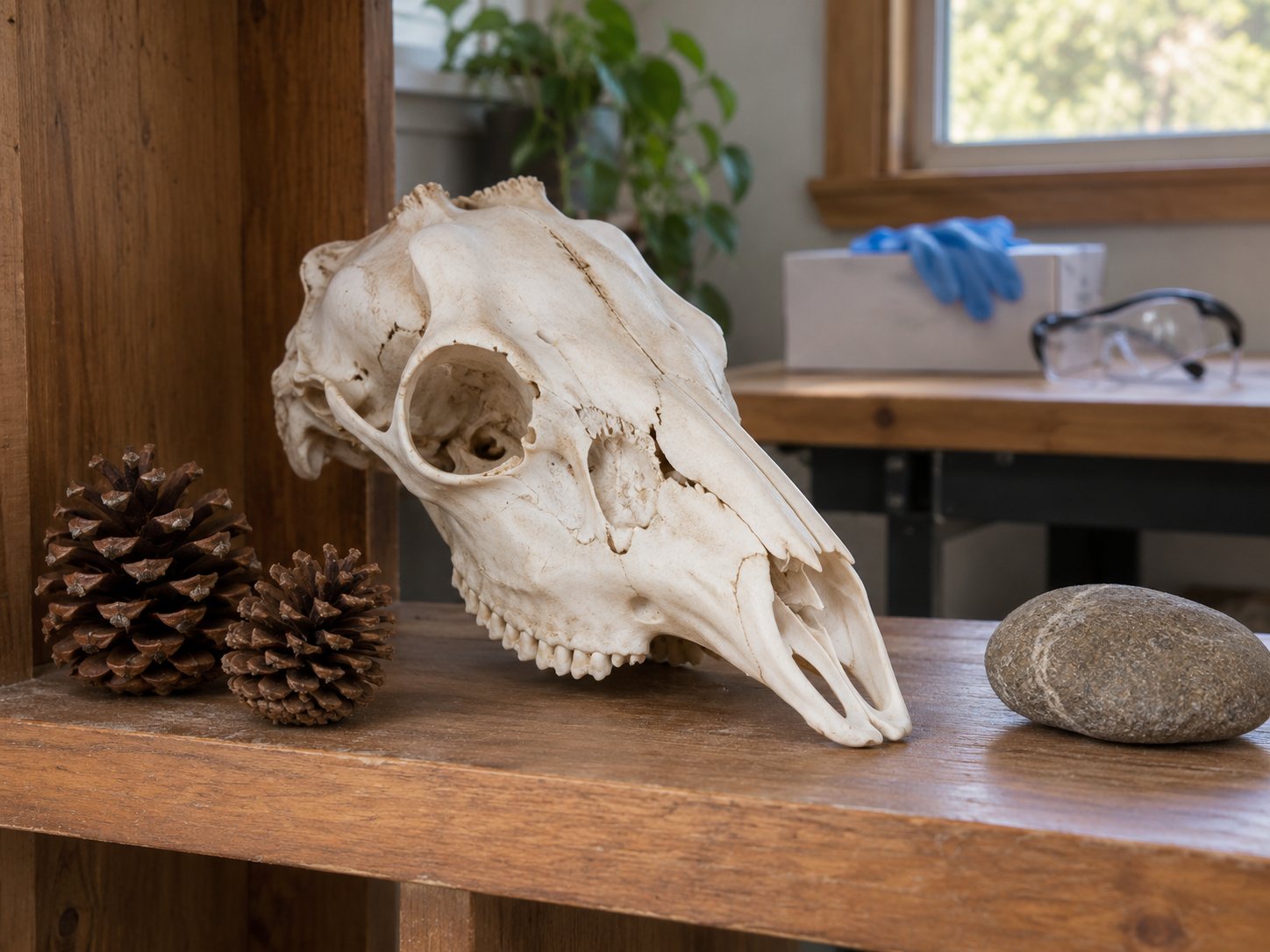 Illustration: Clean dry deer skull displayed on a wooden bookshelf among pinecones and a smooth stone, with disposable gloves and safety glasses on a workbench behind