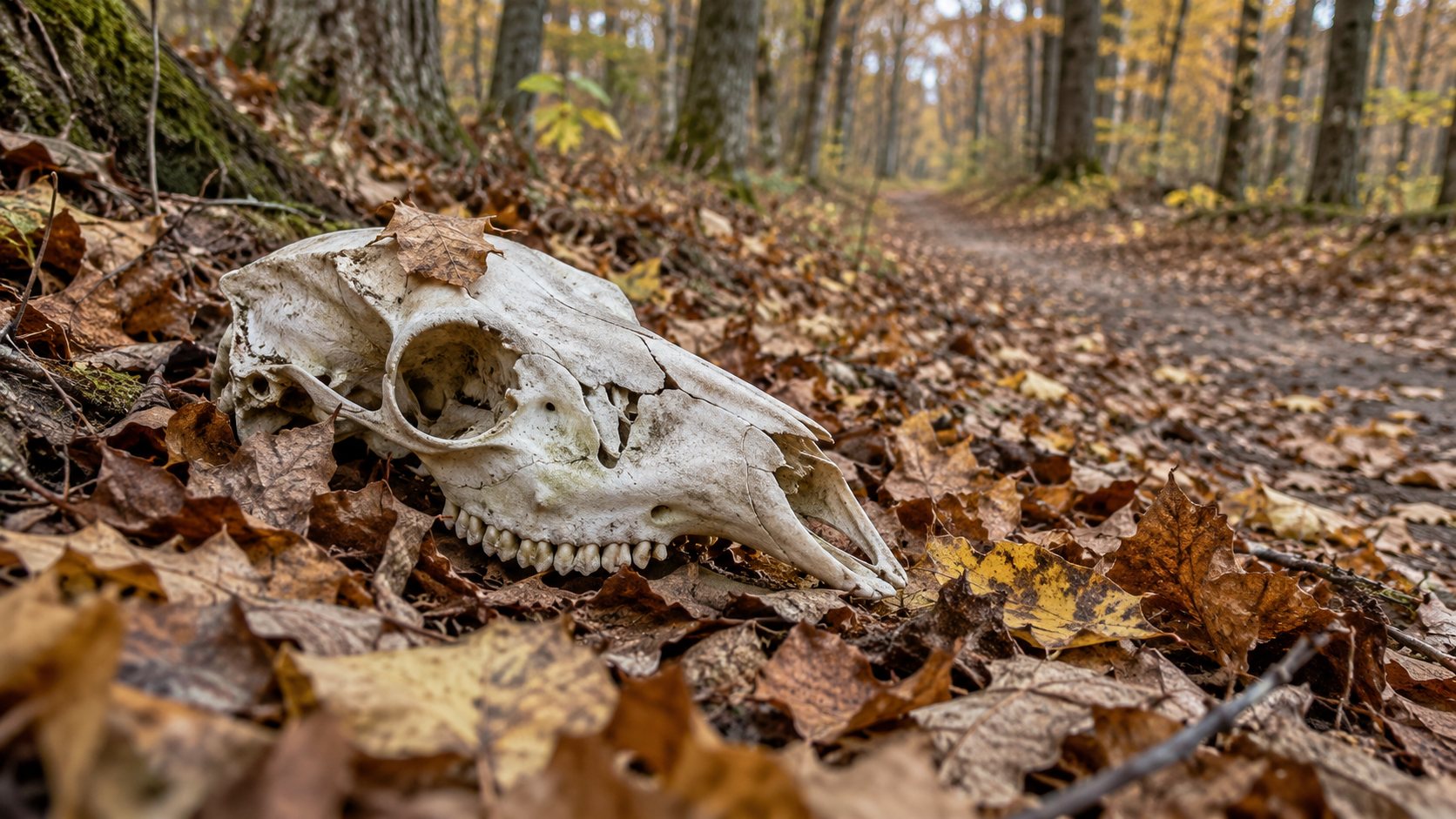 Illustration: Weathered white tailed deer skull without antlers lying in autumn leaf litter beside a woodland trail in soft overcast light