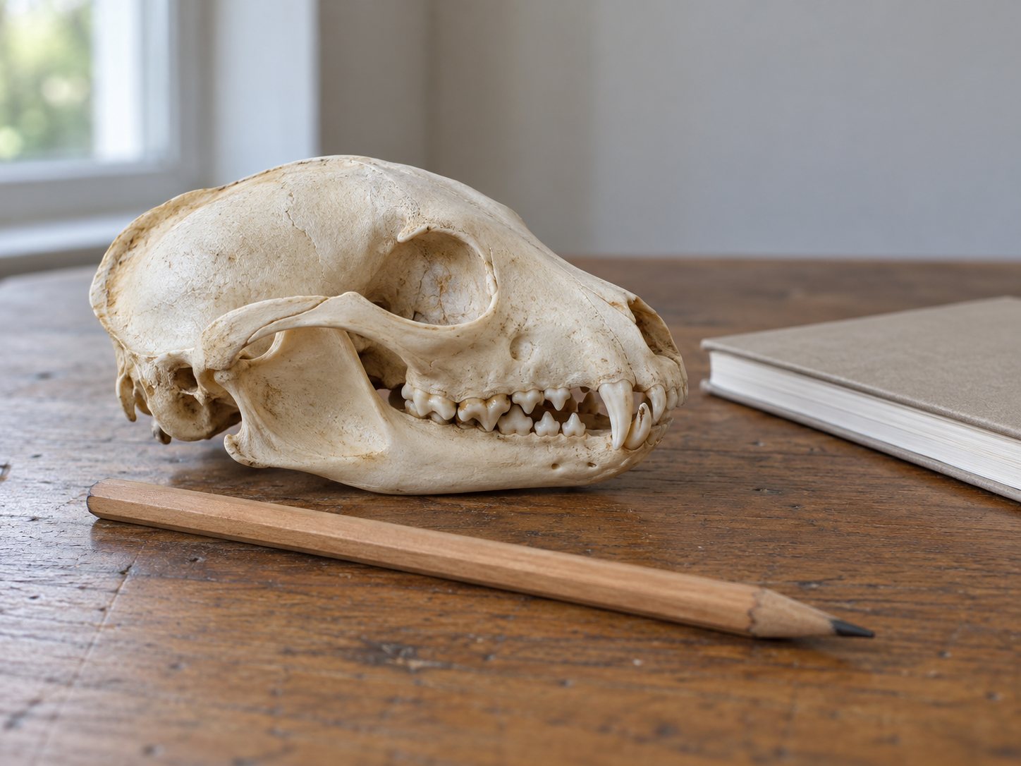 Illustration: Clean raccoon skull in side view on a wooden table showing its pointed snout, prominent canines and broad cheek teeth, beside a pencil and a blank notebook