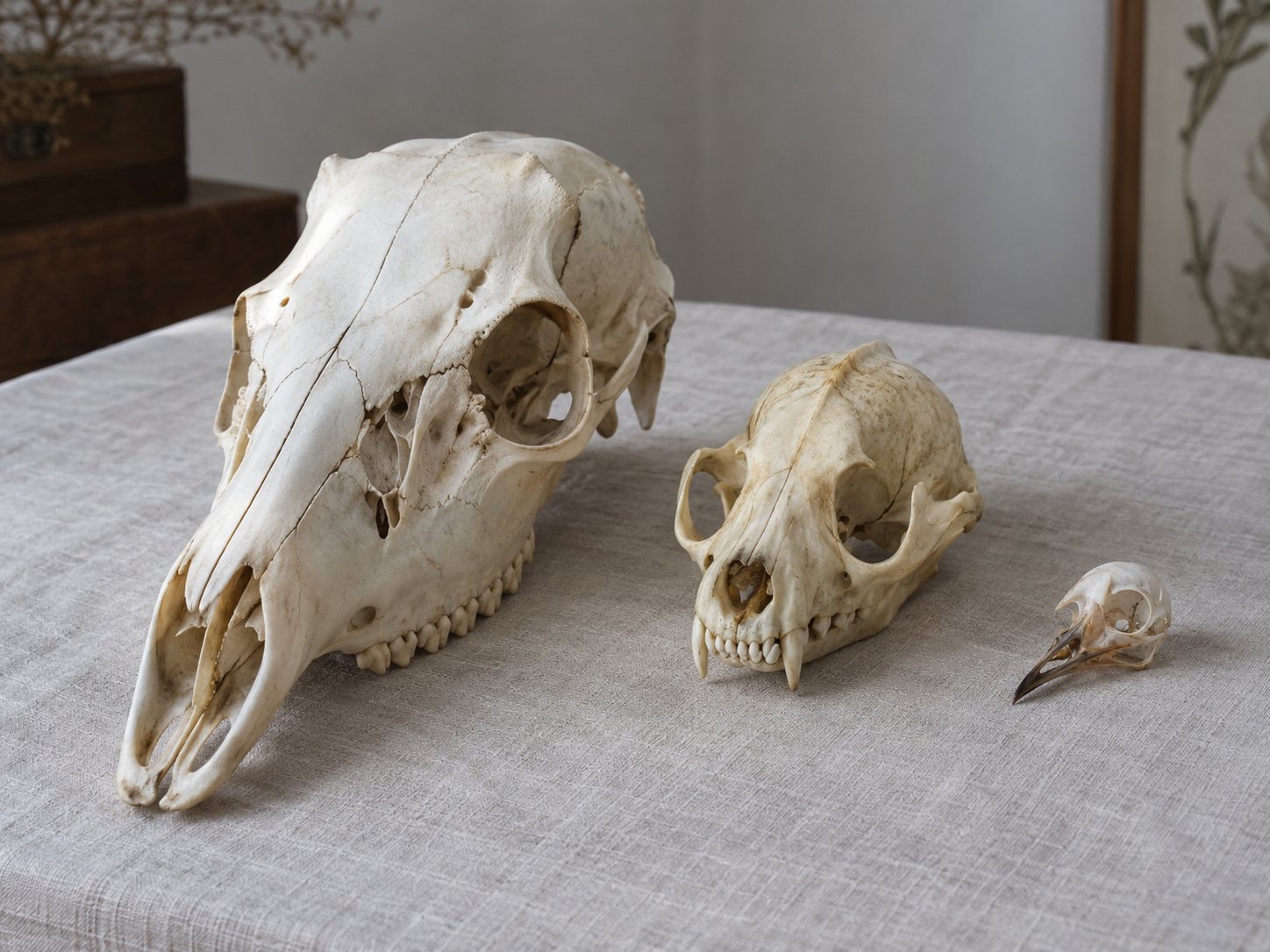 Illustration: Three animal skulls side by side on a table for comparison: a long white tailed deer skull, a smaller raccoon skull and a tiny songbird skull with its beak