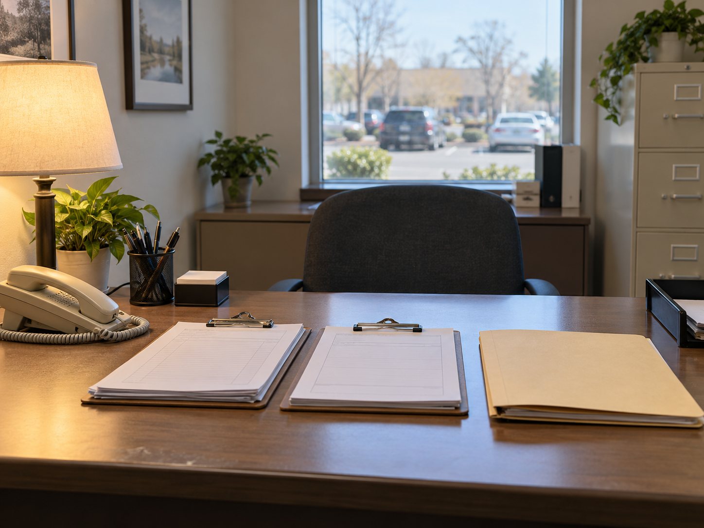 Illustration: Tidy county office desk with a stack of blank forms on clipboards, a closed folder, a desk lamp and a corded telephone beside a window onto a parking lot