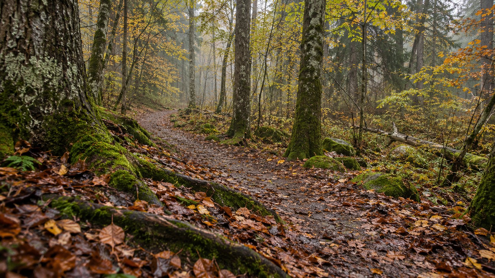 Illustration: Quiet wooded trail in soft daylight with a small pale bone shaped object lying in the leaf litter far off the path