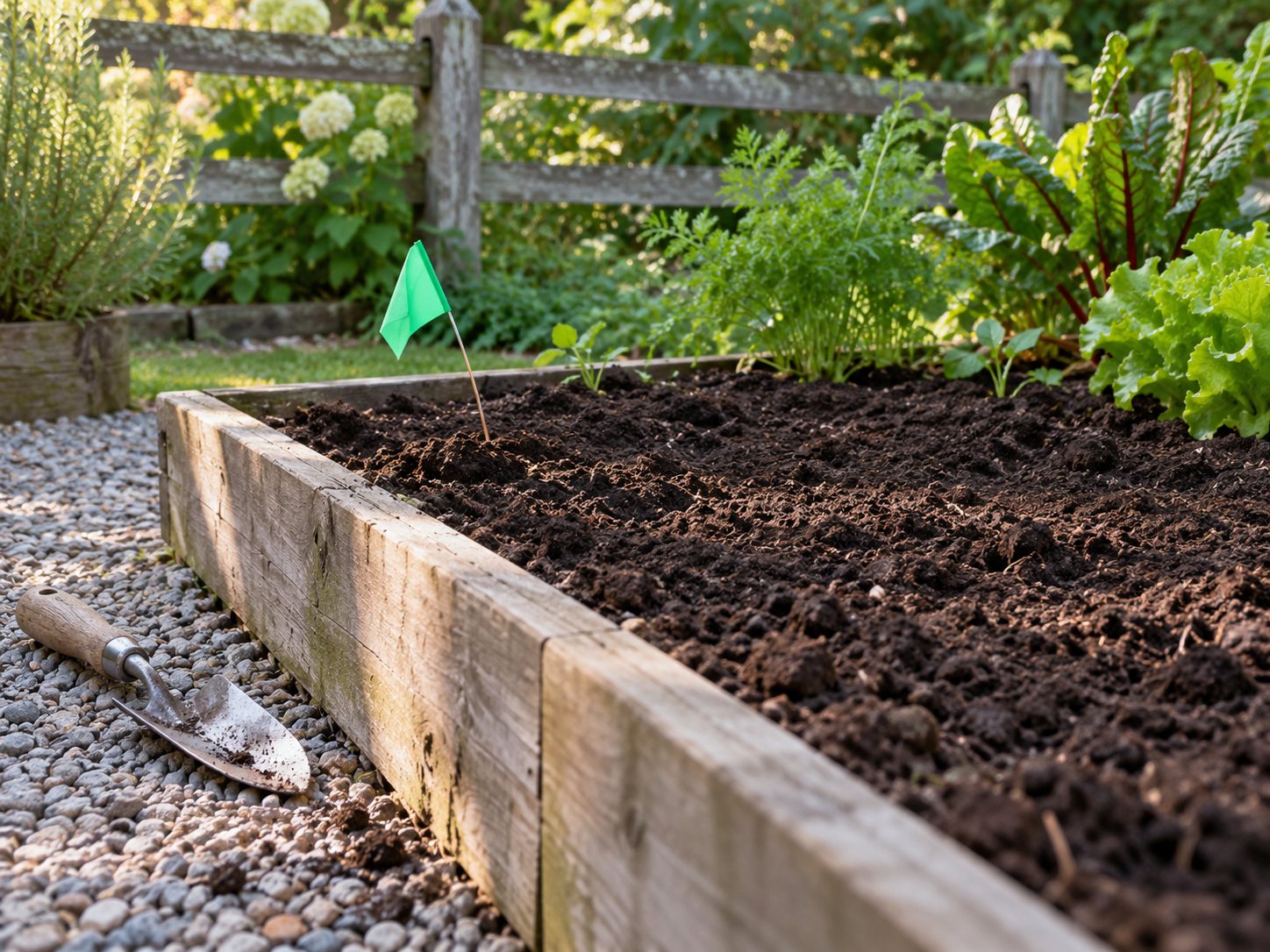 Illustration: Vegetable garden bed with turned dark soil and one small colored marker flag on a wire stake in an undisturbed corner, a trowel on the path and a fence behind