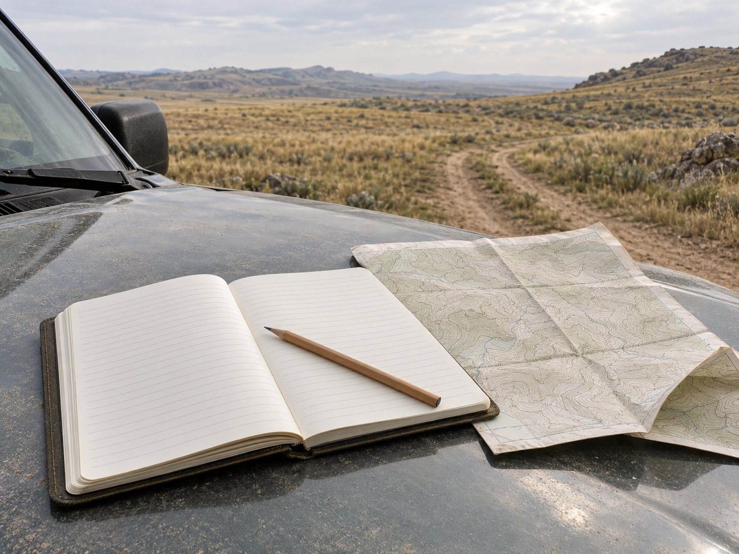 Illustration: Field notebook with blank pages and a pencil beside a folded paper map on the hood of a plain pickup truck at a dirt trailhead with grassland and low hills behind