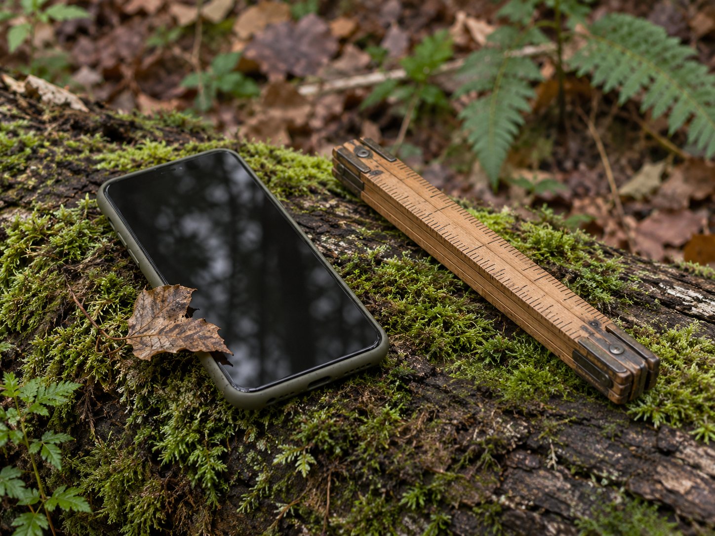 Illustration: Smartphone with a dark screen lying on a mossy fallen log beside a closed folding ruler with an undisturbed patch of leaves beyond