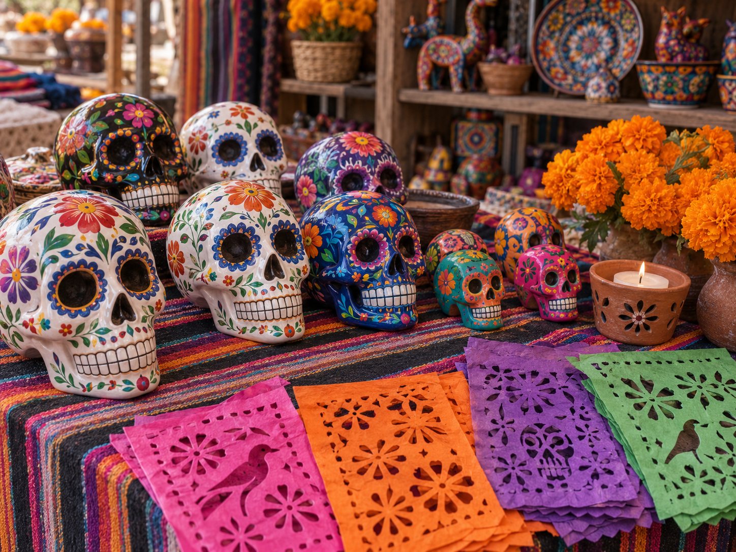 Illustration: Artisan market table on a woven textile with painted ceramic sugar skulls, small carved and painted wooden calaveras, folded papel picado, paper marigolds and a small clay candle holder