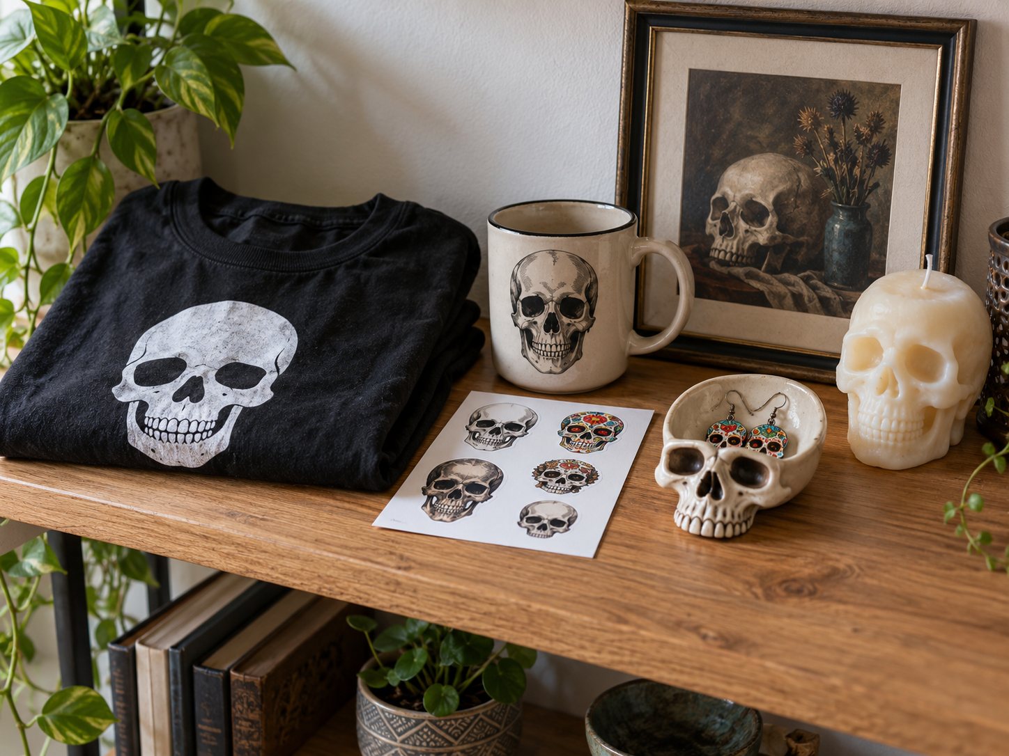 Illustration: Home shelf of skull gifts with a folded skull T shirt, a skull mug, a sheet of skull stickers, a skull trinket tray with calavera earrings, a skull candle and a framed skull still life print